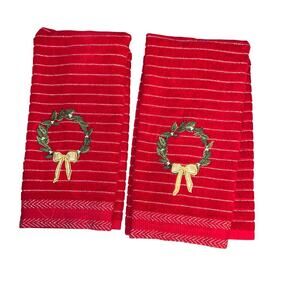 St.Nicholas Square Red With Gold Metallic Stripe Embroidered Hand Towels